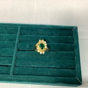 Gold tone Faux Oval Cut Emerald, with Rhinestones Cocktail Ring